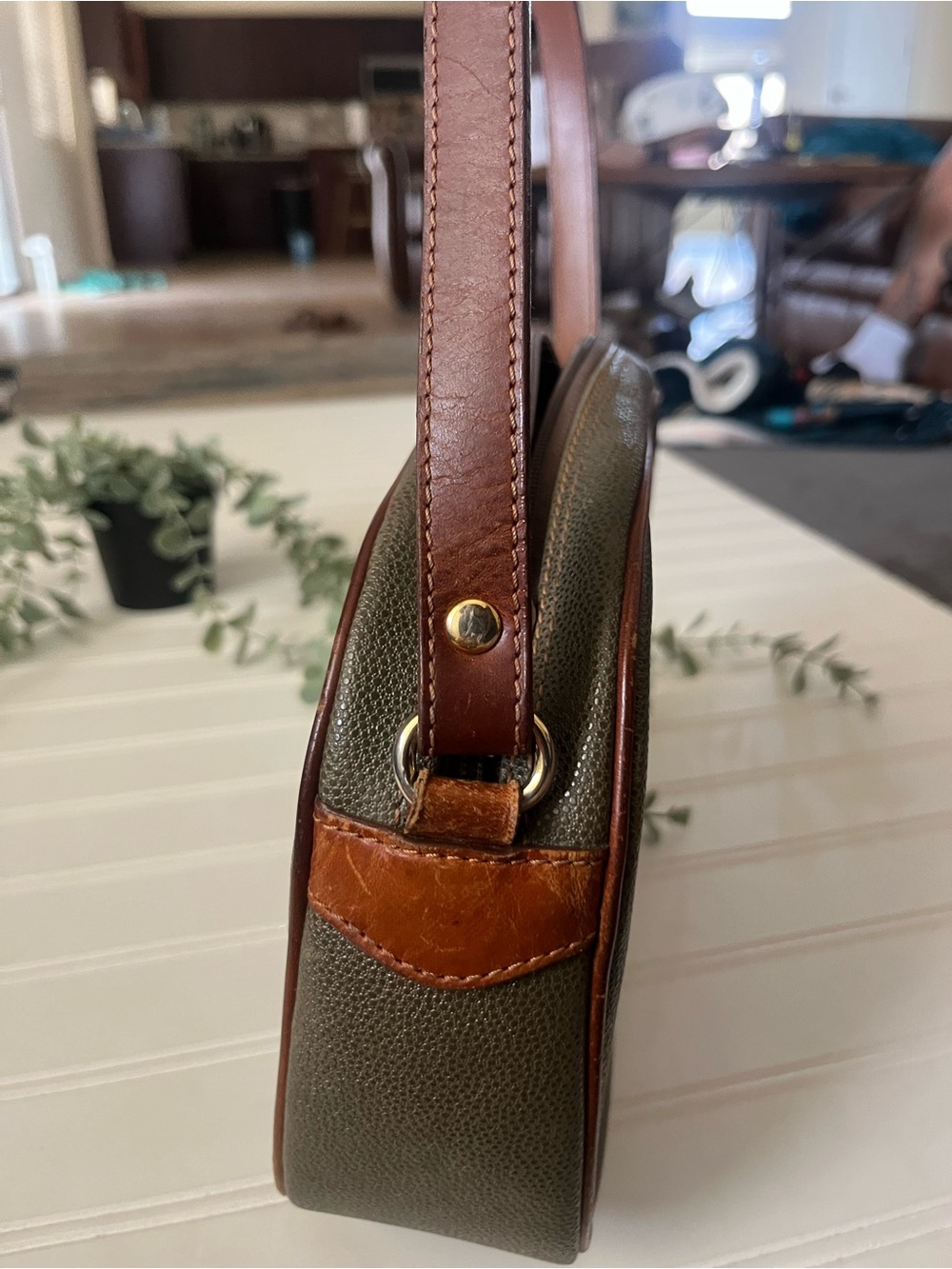 Vintage Pierre Balmain Olive Green and Brown Leather Crossbody Messenger Bag